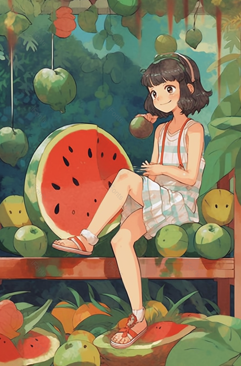 女孩坐在满是西瓜的果园里创意插画背景,插画/手绘图,插画/手绘图库,插画/手绘图下载,插画/手绘